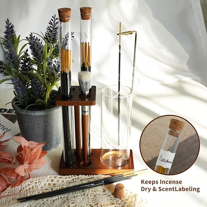 2 in 1 Incense Holder for Sticks Wooden Incense Burner with Glass Ash Catcher Three Incense Sticks Storage Tubes and Brush for Meditation Yoga Spa Home Decor
