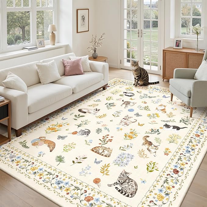 Soalmost Cat 5x7 Area Rugs for Living Room, Machine Washable Animal Floral Vintage Rug Non-Slip Low Pile Soft Throw Rugs for Kitchen Dining Room Bedroom Nursery Playroom (5 x 7,Beige)