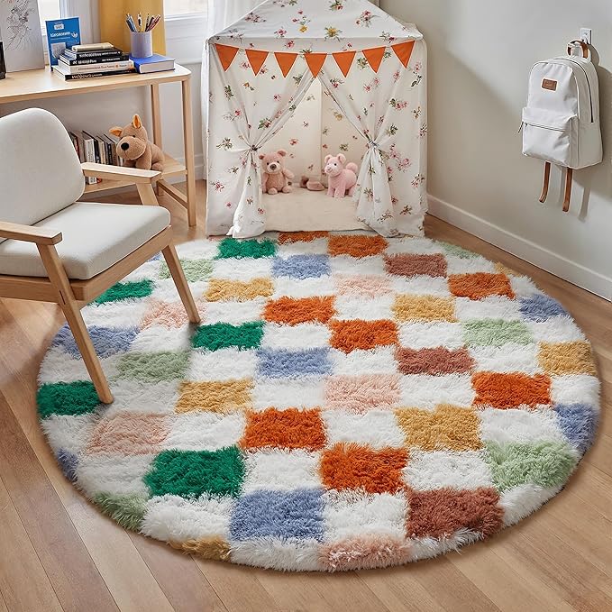 PureCozy Checkered Rug 5x5 for Living Room, Modern Neutral Shag Rug Washable Non-Slip Large Area Rug Super Soft Indoor Fuzzy Carpet Fluffy Rugs for Bedroom Home Aesthetic Decor
