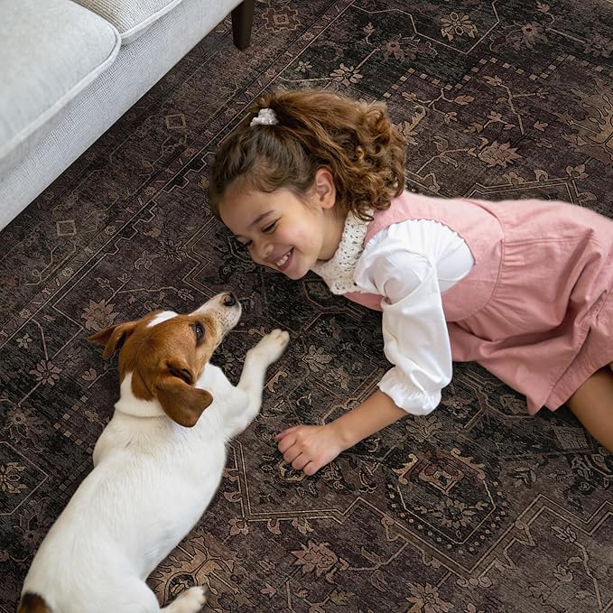 GENIMO 2'6"x10 Runner Rugs for Hallway, Machine Washable Non Slip Vintage Rugs, Low Pile Lightweight Soft Print Carpet for enrtyway, Corridor, Home, Office, Kitchen, Charcoal Brown