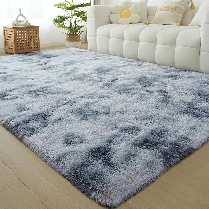 Fluffy Area Rug Living Room: Grey Shag Rug 6x9 Plush Rugs for Living Room - Large Fuzzy Soft Carpet (Tie-Dyed Light Gray, 6x9 Feet)