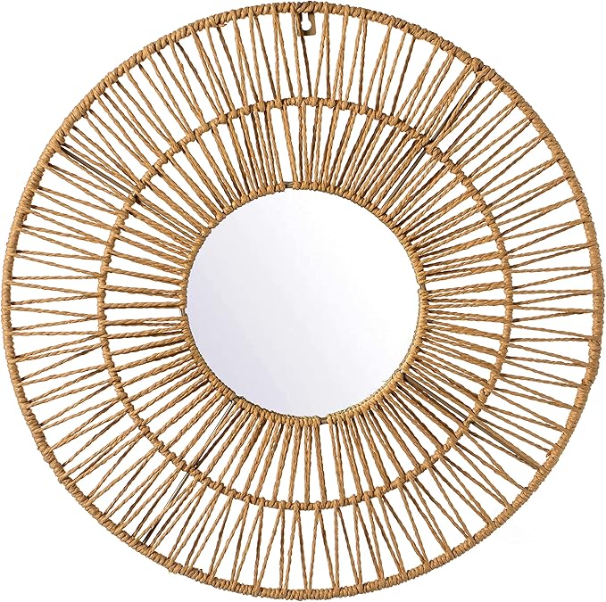 Vintiquewise Decorative Woven Paper Rope Round Shape Bamboo Wood Modern Hanging Wall Mirror