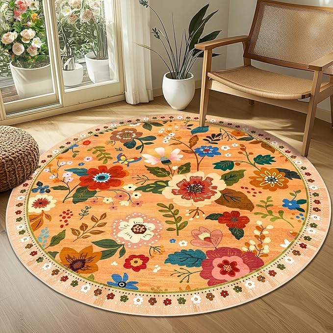RELEANY Floral Nursery 6ft Area Rugs Washable Print Boho Cute Carpet Non Slip Flower Low Pile for Living Room Kids Girls Playroom Bedroom Kitchen Office Farmhouse-Yellow/Orange
