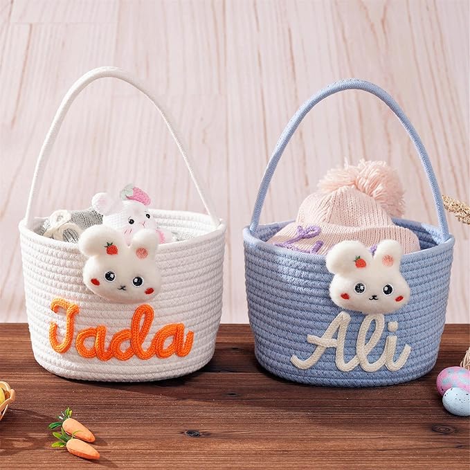 JUPPE Custom Easter Basket, Personzlized Bunny Basket with Kids Name, Cotton Rope Storage Organizer Nursery Decor Easter Eggs Gift (Bunny Basket)