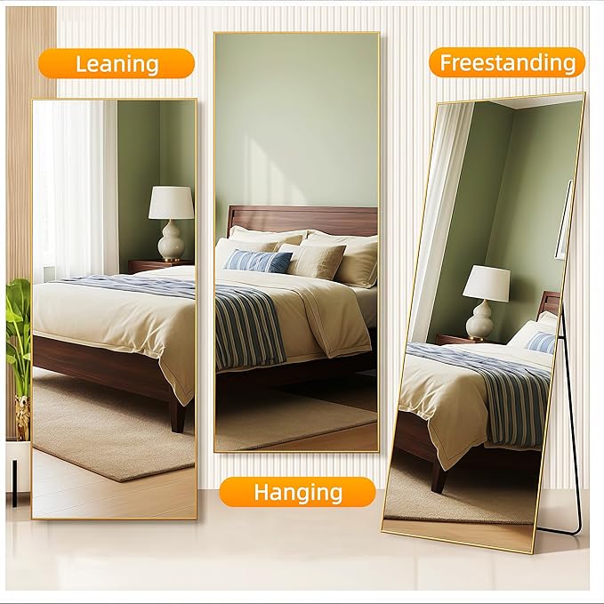 56"x21"Full Length Mirror, Rectangle Floor Mirrors with Aluminum Alloy Frame,Wall Mountable Tempered Glass Full Body Mirror for Wall Entryway Door Bedroom Bathroom Living Room,Gold