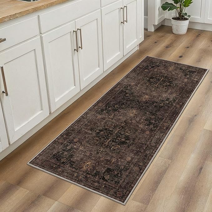 GENIMO 2'6"x10 Runner Rugs for Hallway, Machine Washable Non Slip Vintage Rugs, Low Pile Lightweight Soft Print Carpet for enrtyway, Corridor, Home, Office, Kitchen, Charcoal Brown