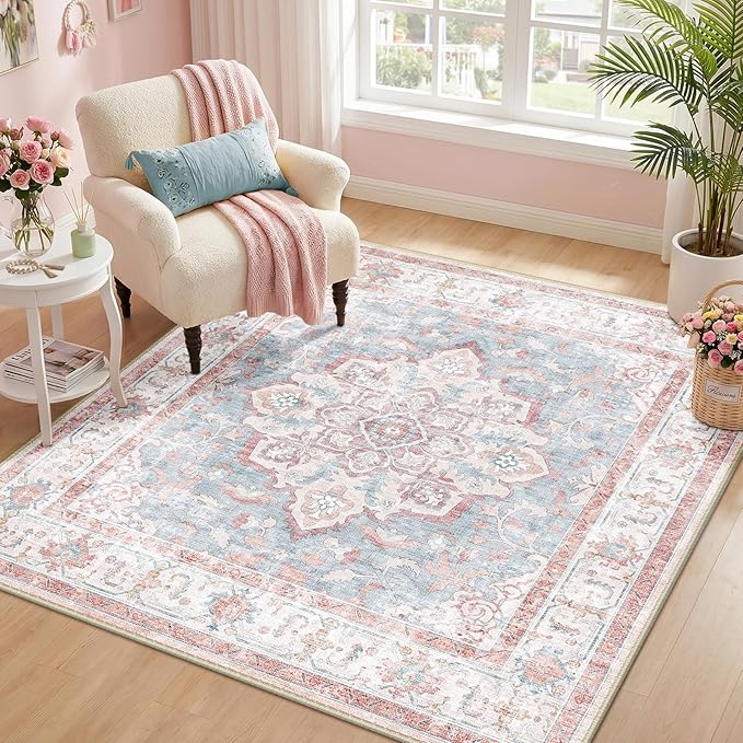 CAPALOCA Machine Washable Rugs Nursery Rug Sq4ft Cute Girl Non Slip Low Pile Water Repellent Soft Print Pattern for Bedroom Indoor Decor Kids Playroom Pink Blue