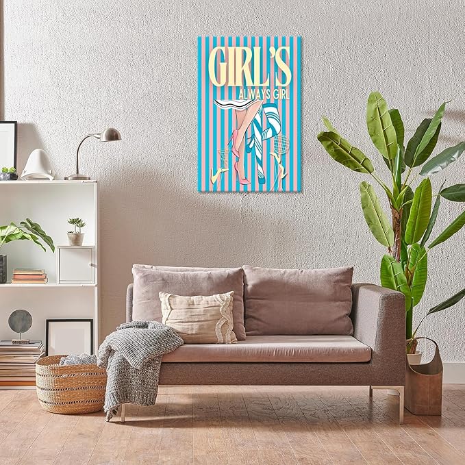 Trendy Always Girls High Heels Poster Funny Cocktail Disco Ball Canvas Wall Art Preppy Blue And Pink Stripes Feminine Girly Prints Painting For Living Room Bedroom Wall Decor 16x24in Wrapped Canvas