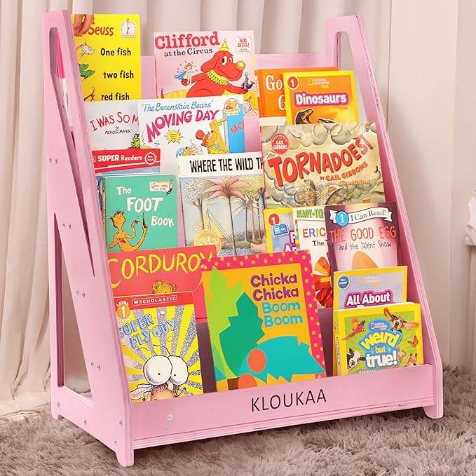 Kids Book Shelf Organizer, Wooden Children’s Bookcase with Front-Facing Storage for Toddlers & Kids (Pink)