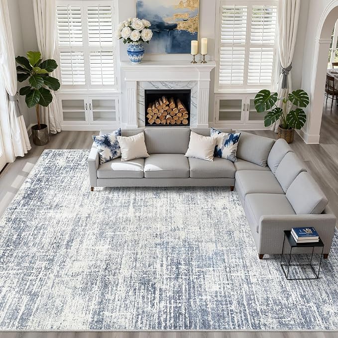 12x18 Rug for Living Room: Washable Large Neutral Blue Area Rug Abstract Soft Modern Stain Resistant Indoor Floor Non-Slip Carpet for Bedroom Nursery Kids Office Playroom Dining Room Under Table Home