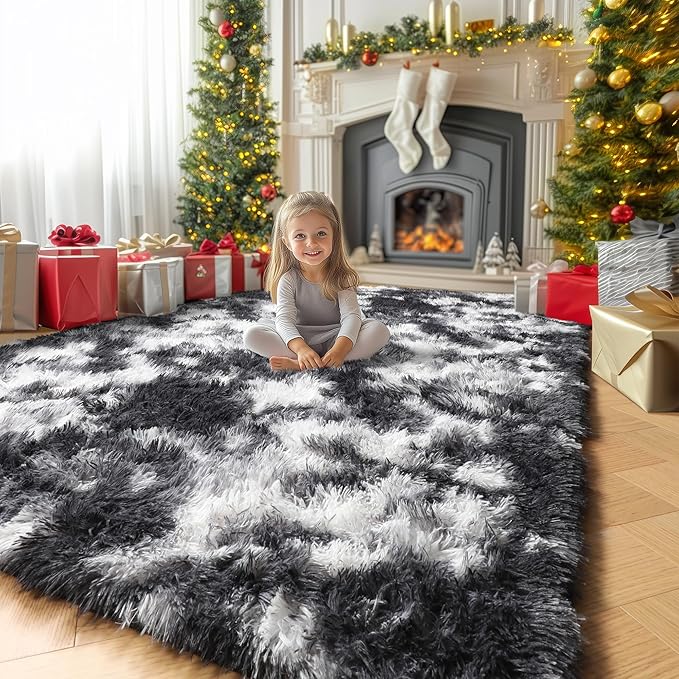 Amdrebio Black White Grey Rugs for Bedroom Living Room Decor, Fluffy Fuzzy Shaggy Furry Area Rug 5x7 for Kids Room Dorm Home Office Apartment, Shag Plush Floor Modern Cool Carpet for Teen Baby Boys