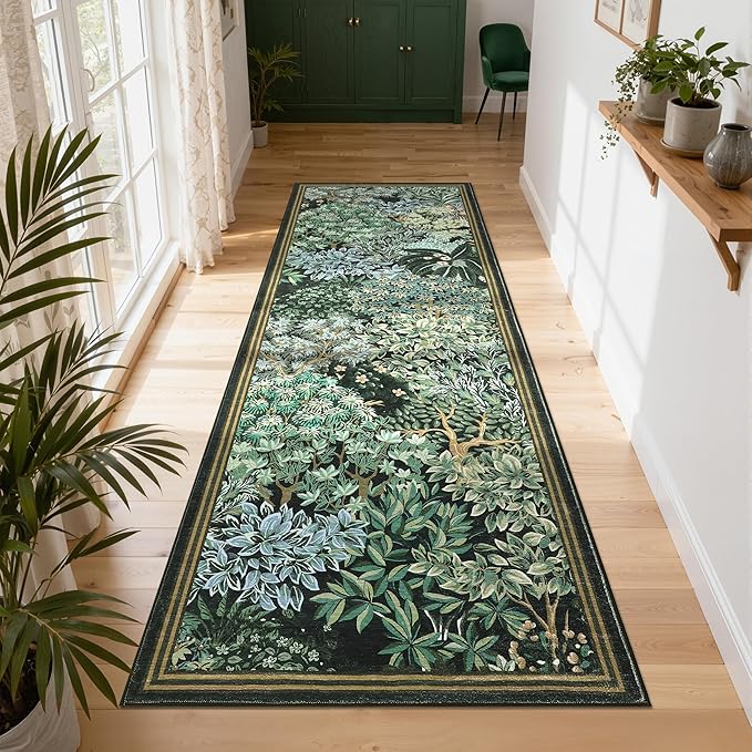 GarveeHome Forest Runner Rug, Blue Green Washable Runner Rug 2x6 for Kitchen, Botanical Low Pile Non Slip Stain Resistance Woodland Hallway Rug for Entryway Bedroom Laundry Room