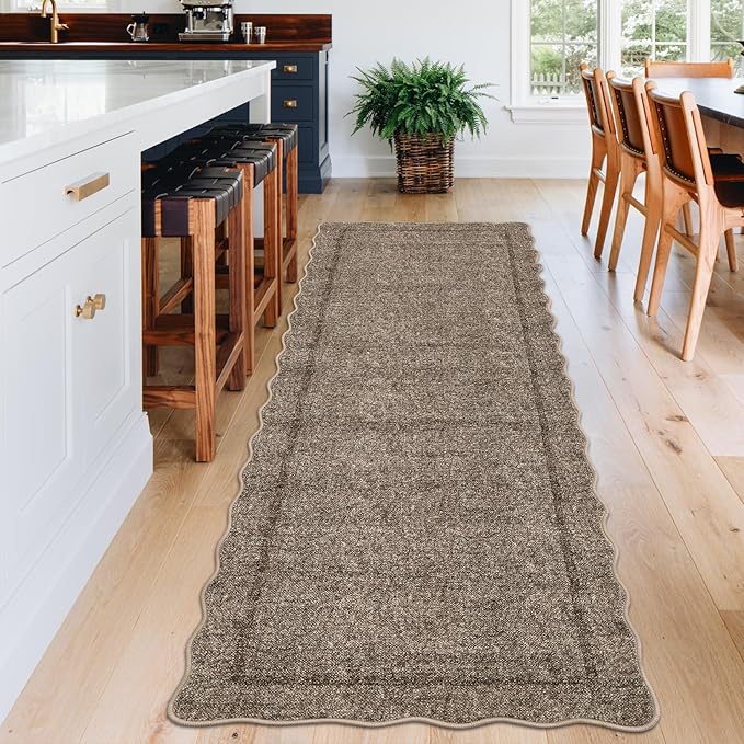 GarveeHome Scalloped Washable Runner Rug 2x8 Runner Modern Non Slip Kitchen Runner Distressed Low Pile Entryway Rug Soft Bathroom Rugs Stain Resistant Carpet for Bedroom Hallway Laundry 2'x8' Taupe