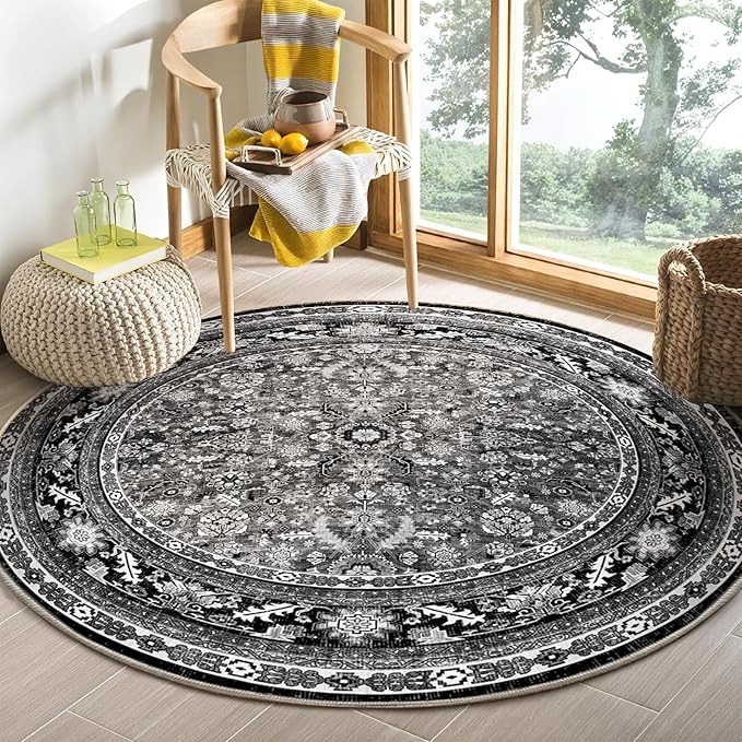 OPPODREAM Vintage Black Round Rug 5ft, 5 ft Retro Washable Circle Rug Non Slip, Low-Pile Faux Wool Circular Carpet, Distressed Floor Mat for Living Room, Bedroom, Office, Dorm, Dinning Room