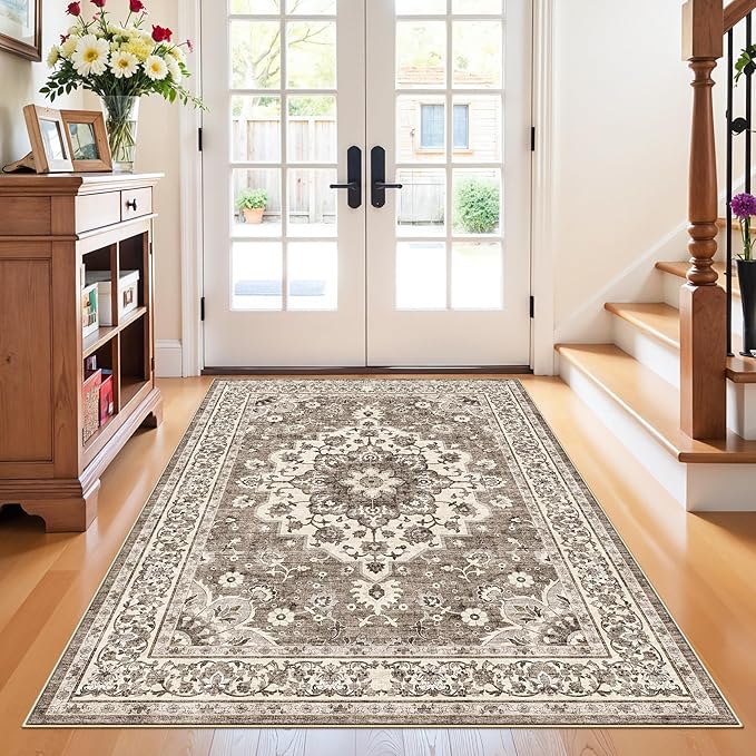 4x5 Area Rugs for Living Room: Perfect for Bedroom Kitchen Kids Room Nursery - Stain & Water Resistant Non-Slip Pet & Child Friendly Vintage Carpet (Beige, 4x5)
