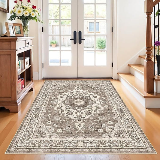 4x5 Area Rugs for Living Room: Perfect for Bedroom Kitchen Kids Room Nursery - Stain & Water Resistant Non-Slip Pet & Child Friendly Vintage Carpet (Beige, 4x5)