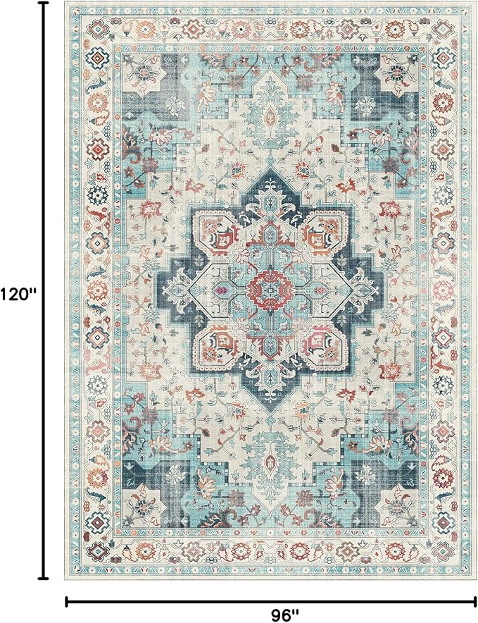 GENIMO 8x10 Area Rugs for Living Room, Machine Washable Non Slip Rugs, Low Pile Lightweight Vintage Print Rug for Bedroom, Dining Room, Home Office, Turquoise & White