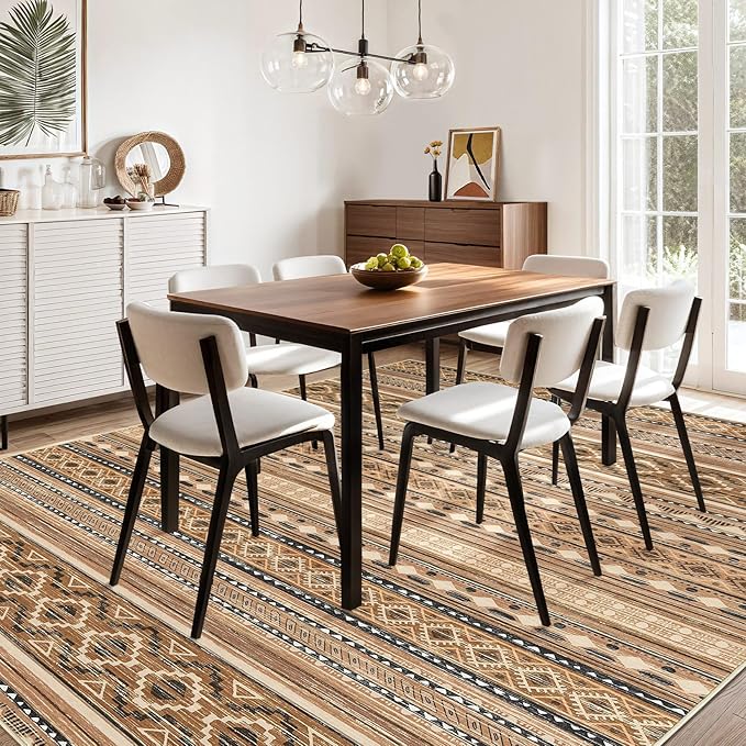 cotiled 10x12 Area Rug Living Room: Washable Boho Rugs with Non Slip Backing Large Soft Indoor Stain Resistant Carpet for Bedroom Farmhouse Dining Room Lightweight Home Decor Brown/Beige