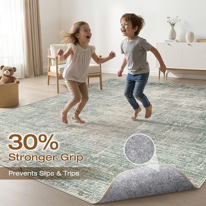 7x10 Area Rug Living Room: Washable Large Neutral Green Rugs Abstract Soft Modern Stain Resistant Indoor Floor Non-Slip Carpet for Bedroom Nursery Kids Office Playroom Dining Room Under Table Home