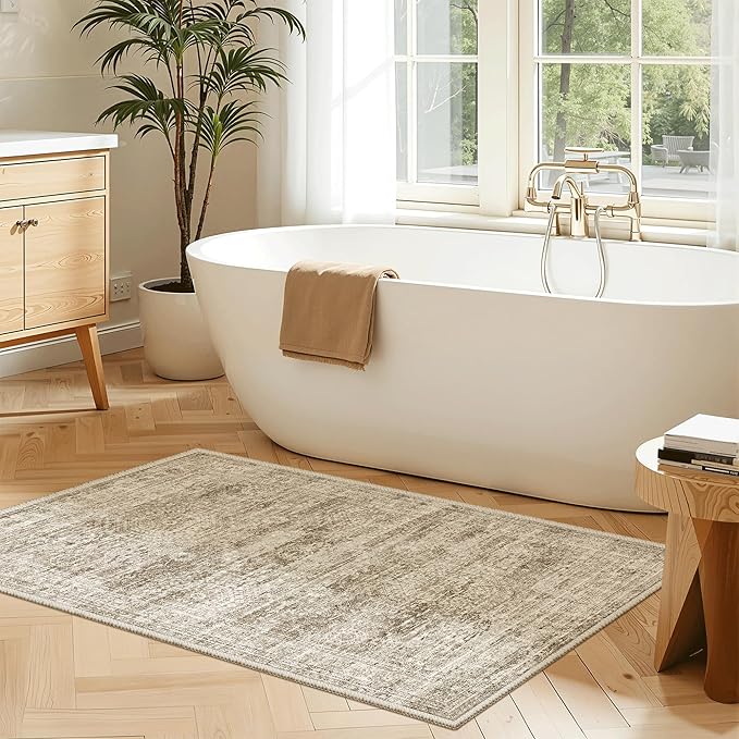 Soalmost 2x3 Washable Rugs for Kitchen, Floor, Entryway, Powder Room Small Area Rug Non-Slip Vintage Low Pile Throw Door Mat Brown