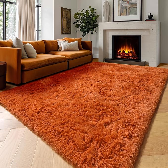 Amdrebio Burnt Orange Large Area Rugs 8x10 for Living Room Bedroom, Fluffy Fuzzy Shaggy Furry Rug for Kids Room Decor Aesthetic, Big Cute Plush Shag Dark Orange Carpet for Classroom Playroom Nursery