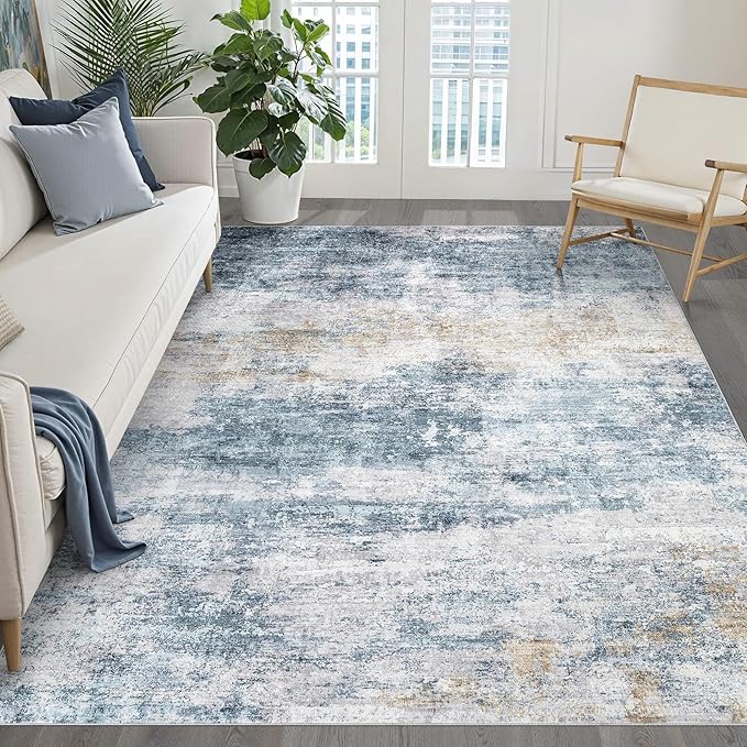 5x8 Area Rug Living Room: Washable Large Neutral Rug Abstract Soft Modern Stain Resistant Indoor Floor Non-Slip Carpet for Bedroom Nursery Kids Office Playroom Dining Room Under Table- Blue Gold