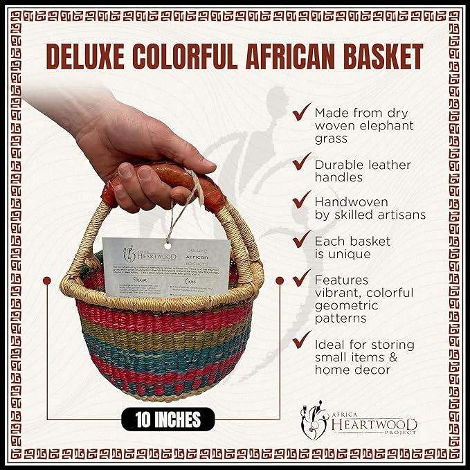 Africa Heartwood Project - Deluxe Colorful African Basket with Leather Handles - Handmade from dried Elephant Grass, Hand-Woven by Women in Bolgatanga, Ghana - Small 10" Round (Flat-packed)