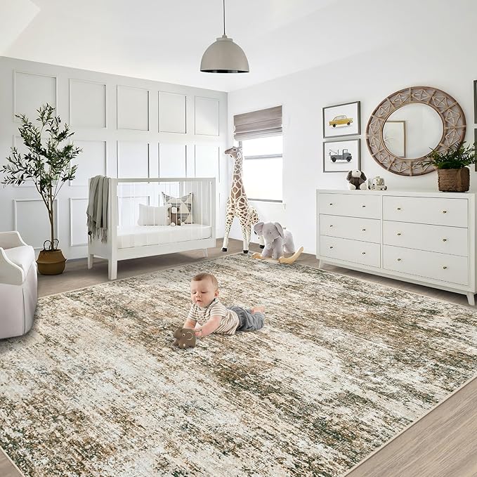 XLUEZ 8x10 Area Rugs for Living Room, Washable Modern Abstract Large Area Rug Neutral Soft Non Slip Kids Rug Stain Resistant Indoor Carpet for Bedroom Nursery Dining Room Playroom(Brown, 8'x10')