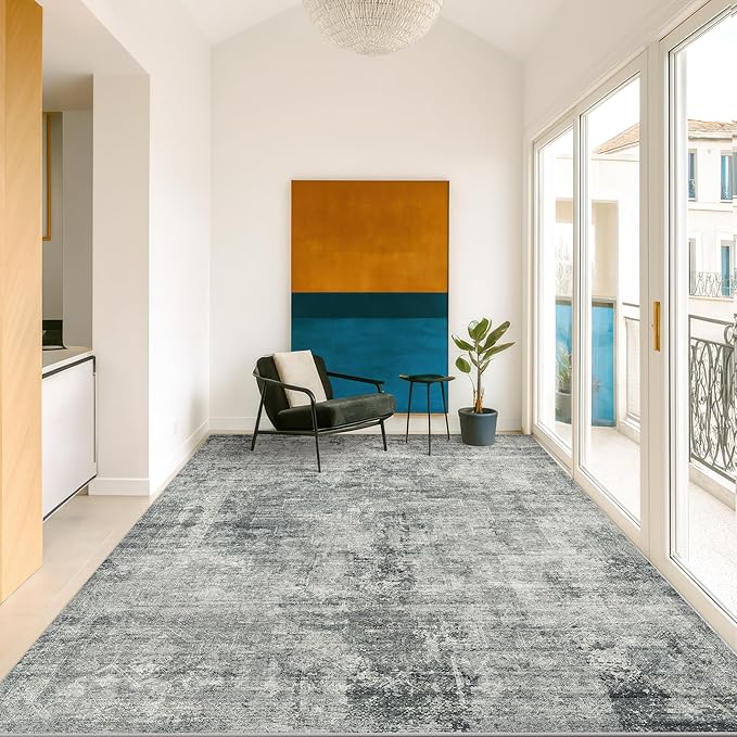 Hazo Haus 5x8 Washable Area Rug for Living Room, Dark Blue Gray Large Rug for Bedroom, Dining Room & Home Office, Non Slip Low Pile Stain Resistant Vintage Slate Blue Decor