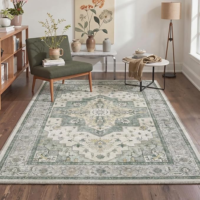 GENIMO 3x5 Area Rugs for Living Room, Machine Washable Non Slip Vintage Rugs, Low Pile Lightweight Chenille Print Rug for Bedroom, Dining Room, Home Office, Sage Green