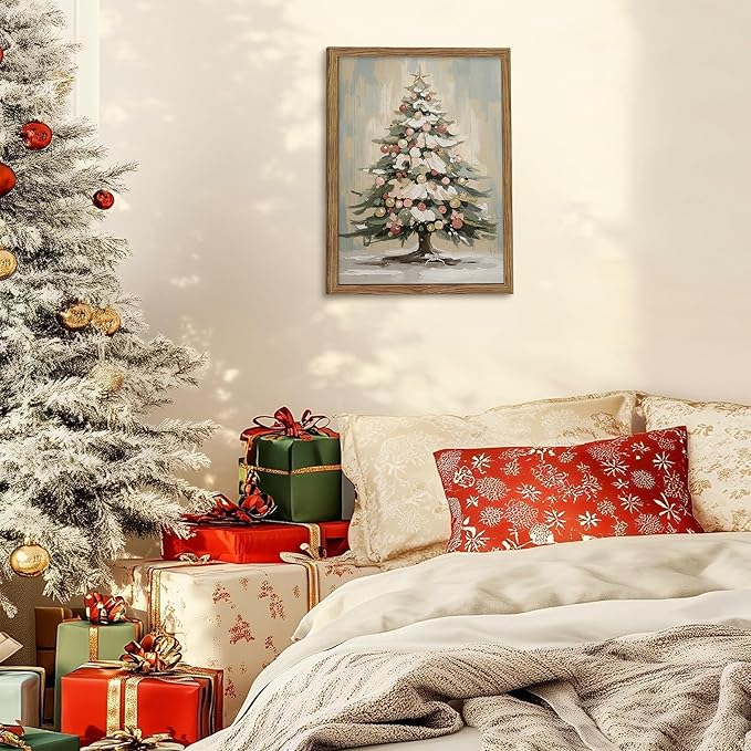 Framed Christmas Tree Wall Decor, Christmas Tree with Christmas Balls Canvas Prints Country Winter Holidays Oil Painting Vintage Christmas Wall Art for Living Room Bedroom – 16x24in