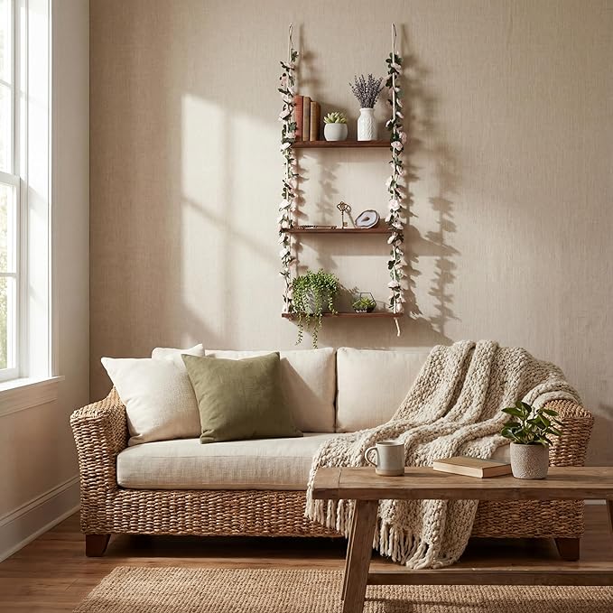 AceOrbit 3 Tier Wall Hanging Shelves with Artificial Ivy Leaves, 15.8"x52" Boho Room Decor Handmade Cotton Rope, Wooden Hanging Storage Floating Shelves for Small Plants, Living Room Bedroom