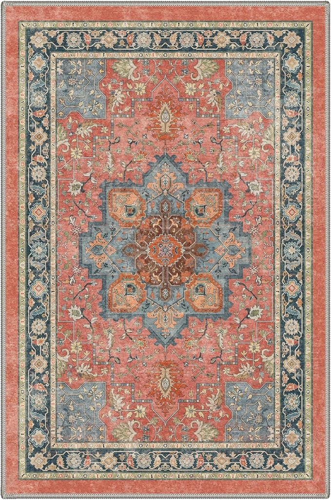 GENIMO 2x8 Runner Rugs for Hallway, Machine Washable Non Slip Vintage Rugs, Low Pile Lightweight Soft Print Carpet for enrtyway, Corridor, Home Office, Kitchen, Dusty Terracotta