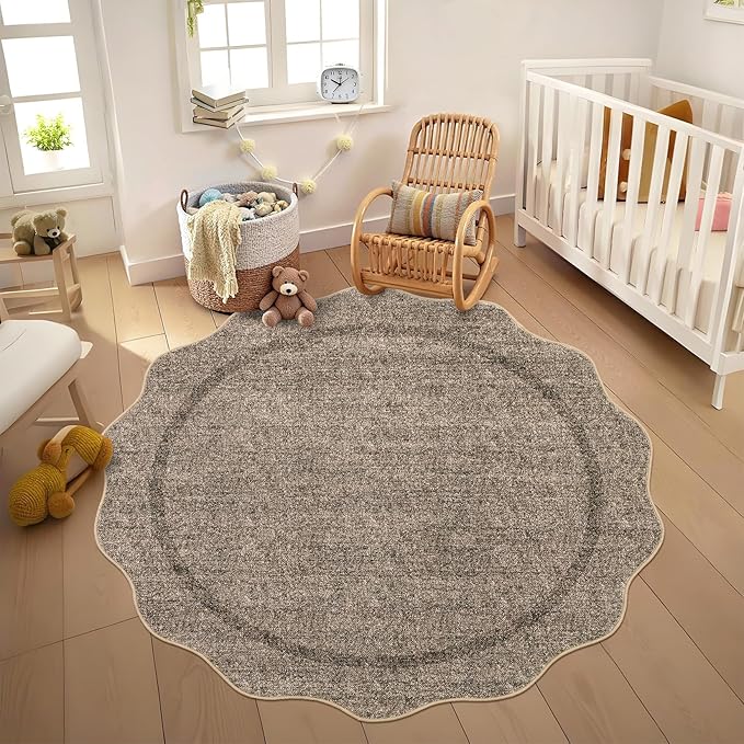 GarveeHome Scalloped Round Washable Rug, Soft Modern Round Rugs 5ft Circle Carpets for Bedroom Ultra-Thin, Boho Taupe Print Distressed Circular Carpet for Living Room Dorm Bedside, Taupe
