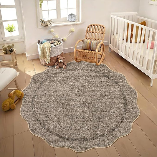 GarveeHome Scalloped Washable Round Rugs, Non-Slip Soft Round Rug 4ft Ultra-Thin, Small Boho Circle Stain Resistant Low Pile Carpet for Entryway Kitchen Bedroom Nursery Bathroom, Brown