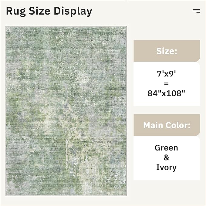 Soalmost 7x9 Area Rug for Living Room Washable Abstract Vintage Soft Thin Indoor Floor Non-Slip Carpet for Bedroom Dining Room Green/Ivory