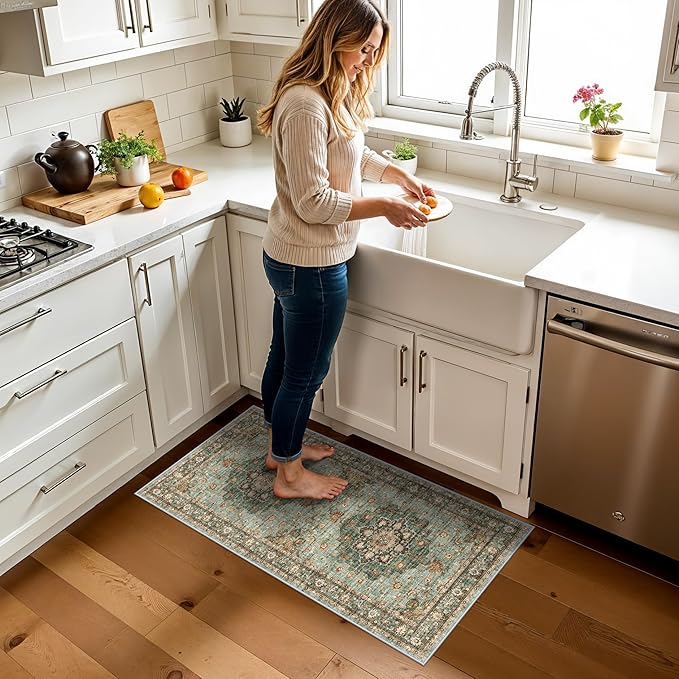 TOPRUUG Green Oriental Entry Rug - 2x4 Washable Area Rugs for Kitchen Bathroom Non-Slip Ultra-Thin Indoor Door Mat Indoor Entrance - Stain Resistant Small Throw Carpet (Green, 2X4)