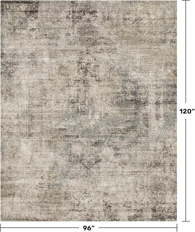 Washable Area Rug 8x10 for Living Room - Ultra-Soft Vintage Distressed Farmhouse Rug, Neutral Taupe Brown Foldable Large Carpet with Non-Slip Backing for Bedroom & Cozy Rustic Decor