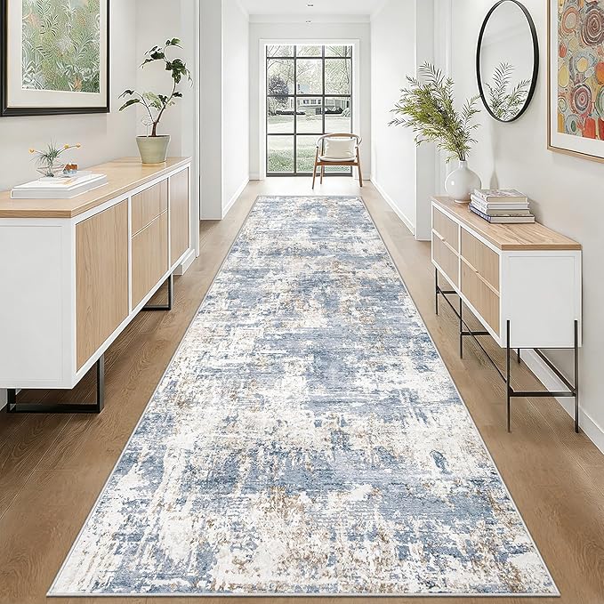 XLUEZ 2.6x10 Runner Rug for Hallway, Washable Modern Abstract Runner Rugs Neutral Soft Non Slip Kids Rug Stain Resistant Indoor Runners for Entryway Bedroom Kitchen Laundry Room(Blue, 2'6''x10')