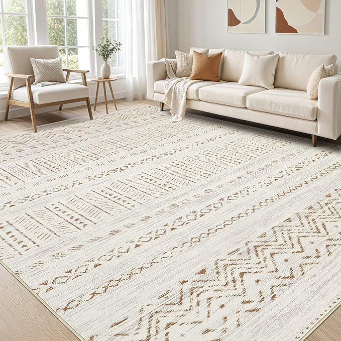 cotiled 10x12 Area Rug Living Room: Washable Boho Rugs with Non Slip Backing Large Soft Indoor Stain Resistant Carpet for Bedroom Farmhouse Dining Room Lightweight Home Decor Brown/Cream