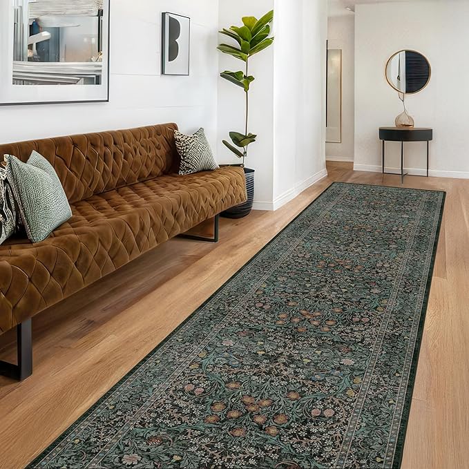 Dark Green 3x10 ft Extra Long Wide Runner Rug for Hallway Non Slip Washable, Large Kitchen Indoor Floor Rugs for Entryway Bathroom Bedroom, Stain Resistant Vintage Floral Carpet