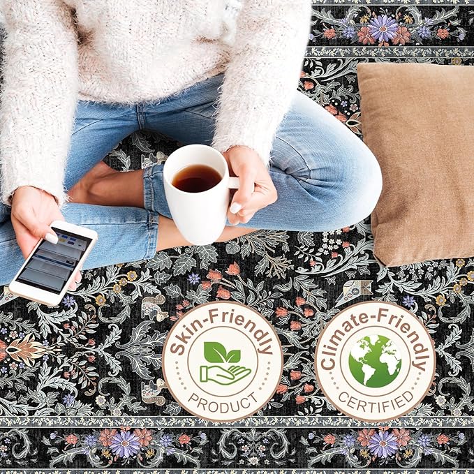 3x6 Washable Non-Slip Kitchen Runner Rug – Vintage Botanical with Animals Wide Floor Carpet Runner with Rubber Backing for Entryway, Hallway, Bathroom, Living Room, Low Pile Thin (Vibrant Black)