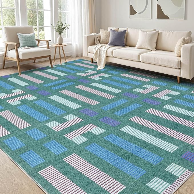 cotiled 6x9 Area Rug Living Room: Washable Boho Rugs with Non Slip Backing Large Soft Indoor Stain Resistant Carpet for Bedroom Farmhouse Dining Room Lightweight Home Decor Green