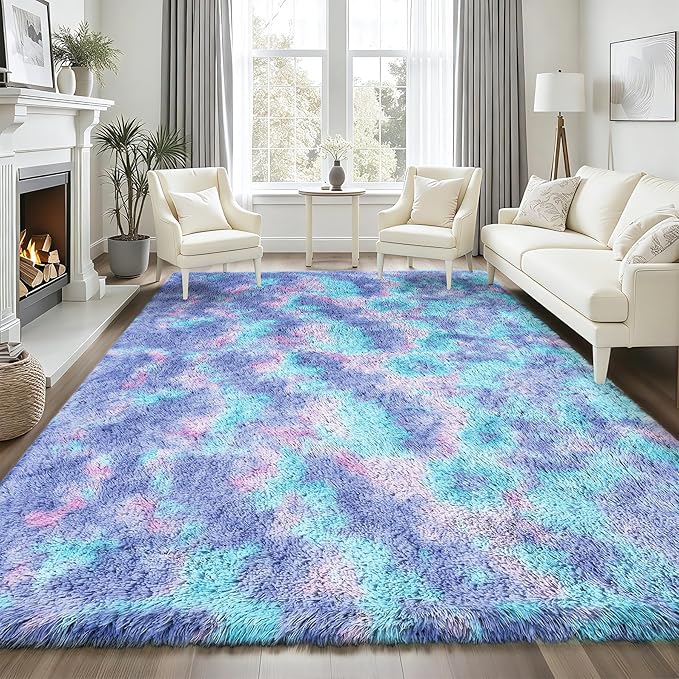 Rainbow Fluffy Rugs for Girls Bedroom: 9x12 Large Shag High Pile Area Rug Upgrade Non-Slip Plush Fuzzy Living Room Rug Shaggy Soft Indoor Floor Carpet Nursery Rugs for Kids Baby Toddler Home Decor