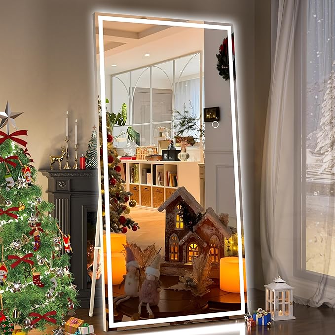 Hasipu Full Length Mirror with Lights, 79" x 36" LED Lighted Floor Standing, Full Body Dressing Hanging Mounted Mirror, Tempered Glass, Square White