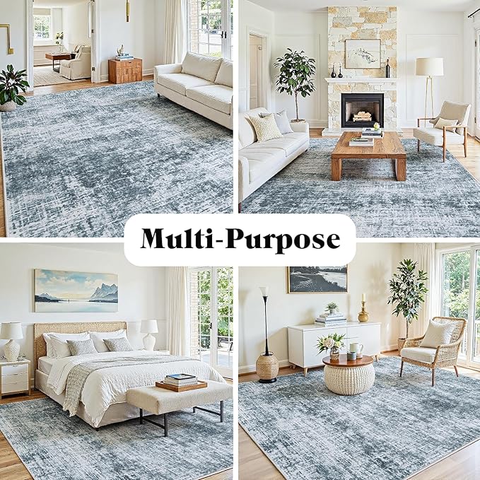 9x12 Area Rugs Washable Rug:Anti-Skid Abstract Modern Living Room Rug Soft Thin Carpets Indoor Floor Non-Shedding Carpet for Bedroom Dining Farmhouse Nursery Home Office(Light Slate Blue/White, 9x12)