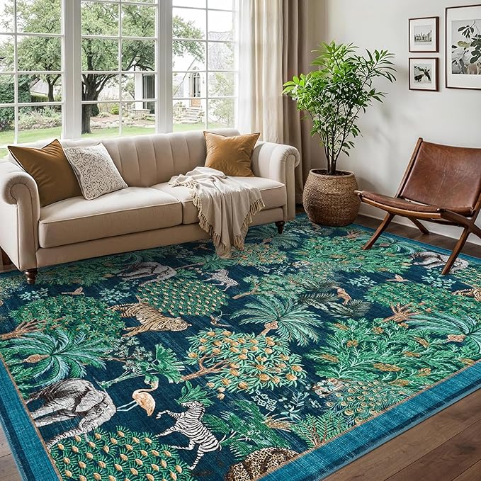 GarveeHome Jungle Animal Print Rug 6x9 Washable Area Rugs for Living Room, Forest Rug Non Slip Low Pile Stain Resistance Large Throw Carpet for Bedroom Dining Room Kids Playroom Nursery, Blue