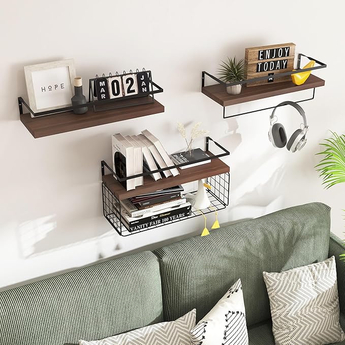 Wood Floating Shelves Wall Mounted - 3+1 Tier Rustic Bathroom Shelves Over Toilet with Wire Storage Basket &Towel Bar, Set of 3 Farmhouse Floating Shelf for Bathroom,Kitchen,Bedroom,Dark Brown.