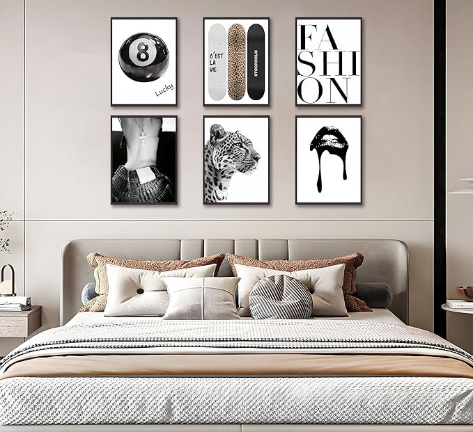 6 Piece Fashion Trendy Leopard Wall Art Black White Aesthetic Cheetah Posters Prints Lucky 8 Ball Lips Canvas Paintings for Girls Room Bedroom Apartment Dorm Decoration Unframed
