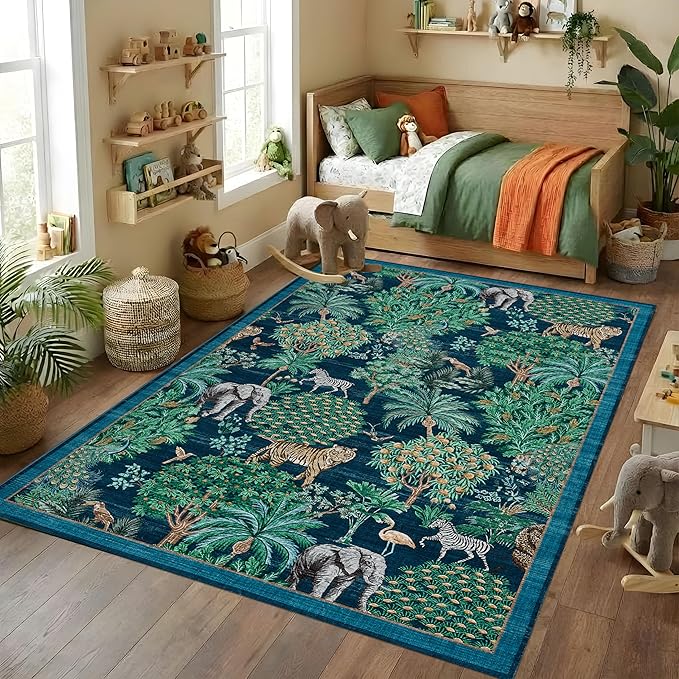 GarveeHome Jungle Animal Print Rug 4x6 Washable Area Rugs for Living Room, Forest Rug Non Slip Soft Low Pile Stain Resistance Throw Carpet for Bedroom Kids Playroom Nursery Blue
